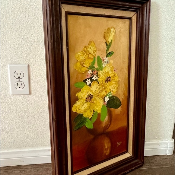Vintage Original Oil Painting of Yellow Flowers In Vase by Andy 15/26 Framed - Picture 11 of 15